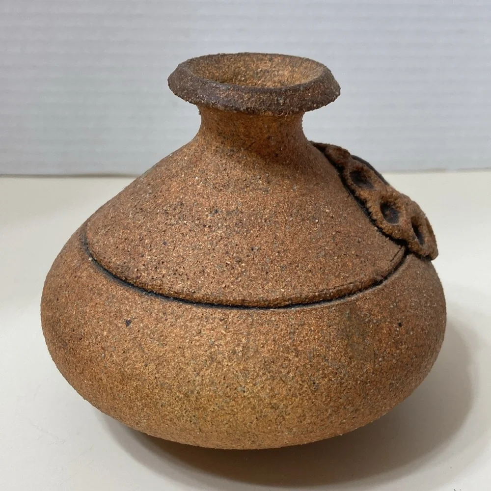 Vintage 1980 SJT Carma Sand Pottery Lamp Vase Folk Art Hand Made Brown Signed